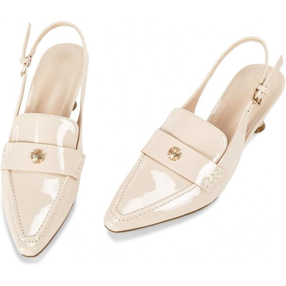 💫 Women Cream Slingback Kitten Heel Pointed Toe Pumps Ankle Buckle Dress Shoes - Picture 5 of 8